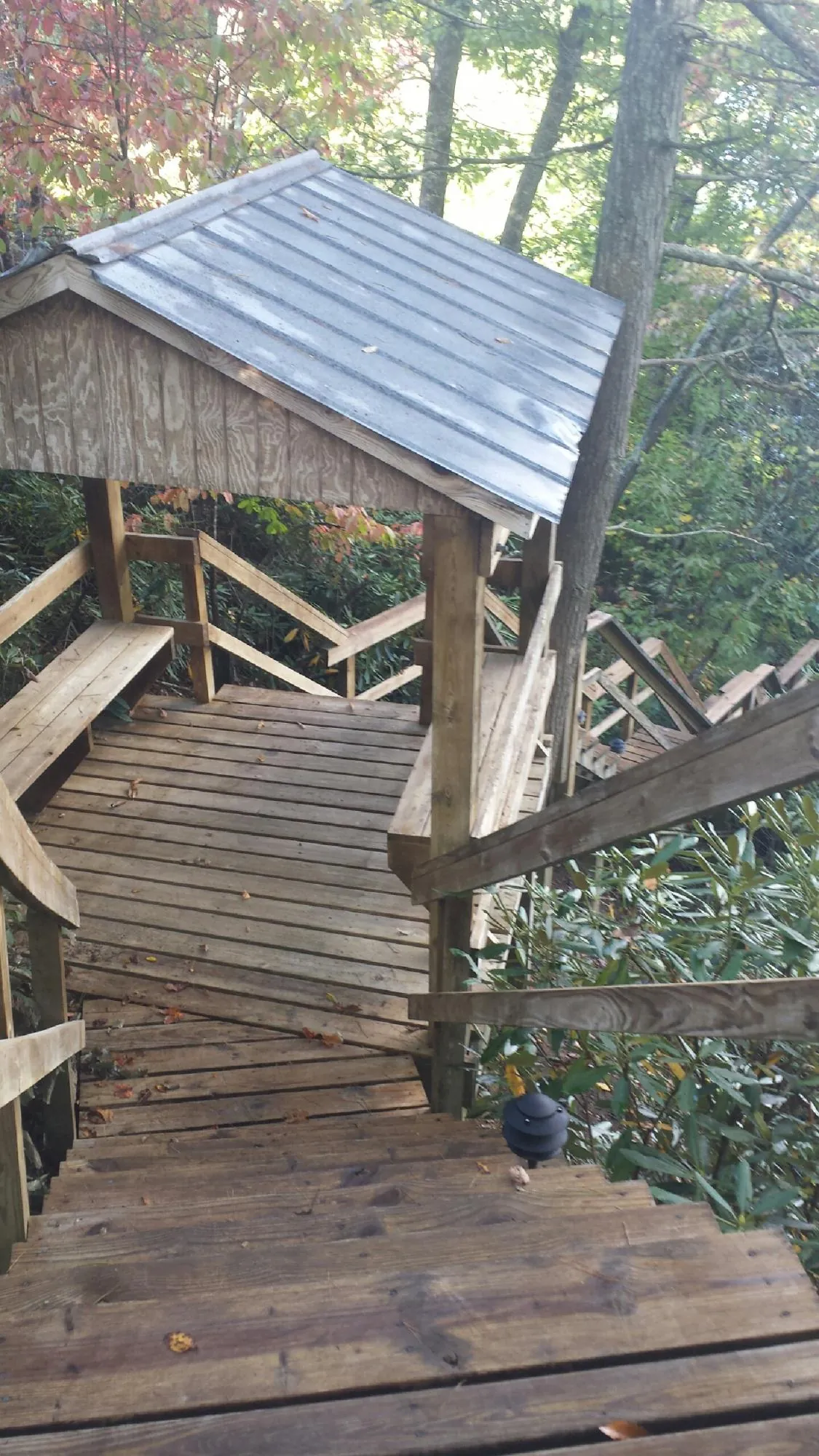 Metal roofed shelter over wooden steps on a wooded walkway — Skylight Repair & Installation work by our crew in Accord
